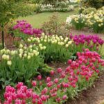 zakątek w ogrodzie z tulipanami